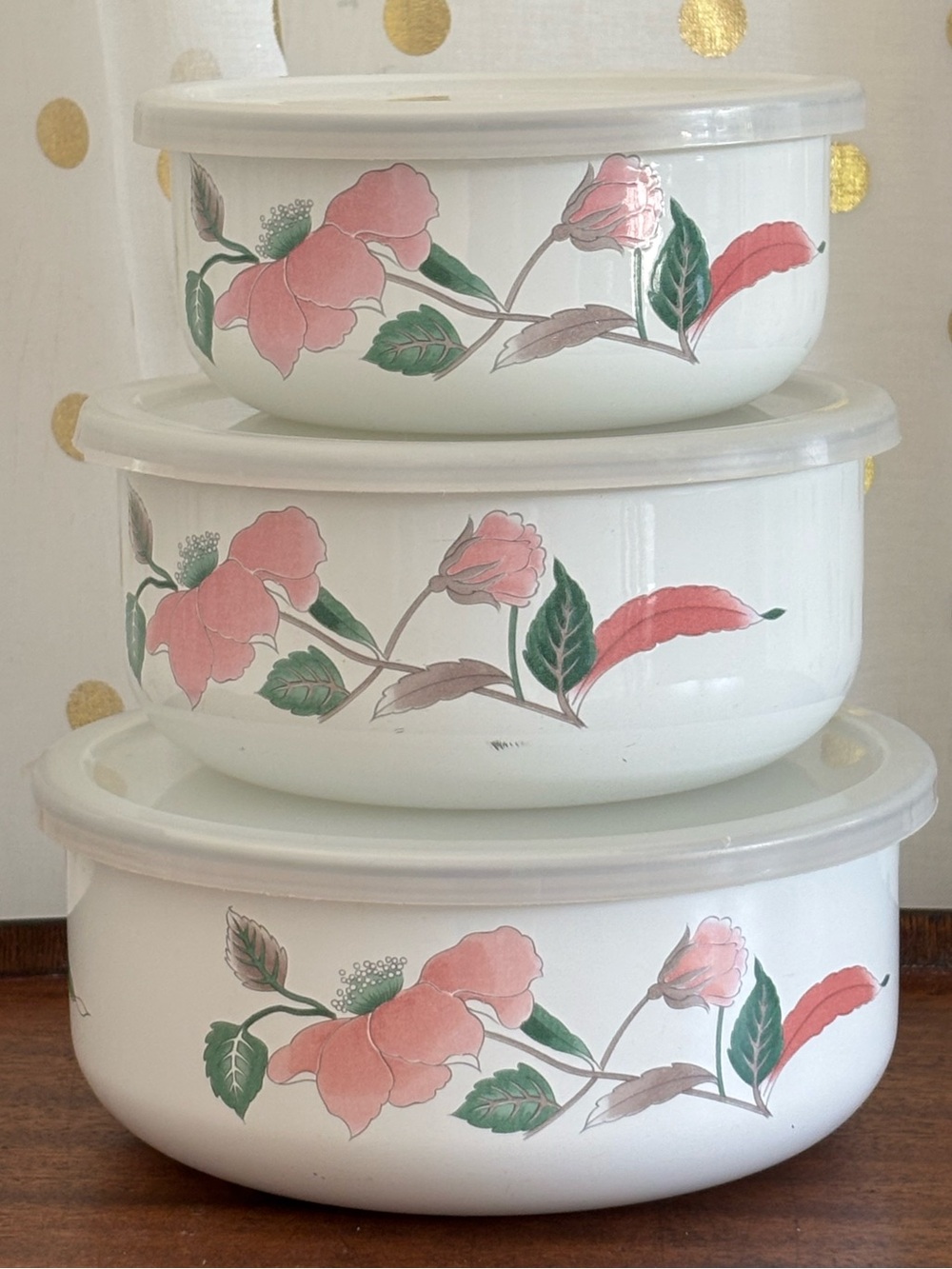 Vintage Mikasa Silk Flowers 3 Piece Metal Nesting Bowls/Lids Pink/Green Floral